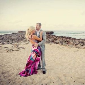 Fuchsia and turquoise beaded evening gown